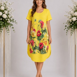 Rochie lejeră din in și bumbac cu imprimeu floral – galben, rosu, confortabil de vară - Img 1