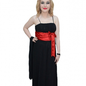 Rochie lunga de gala, model simplu, clasic, neagra cu detaliu rosu