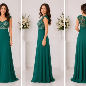 Rochie lunga, de ocazie, din voal verde, cu insertie de dantela - Img 3