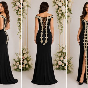 Rochie lunga de seara, culoare neagra cu aplicatii de dantela aurie - Img 3