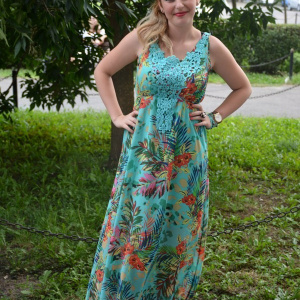 Rochie lunga de vara, turcoaz cu design multicolor si dantela - Img 2
