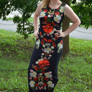 Rochie lunga de zi, culoare neagra cu imprimeu realist de flori - Img 4