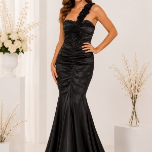 Rochie lunga. eleganta, saten negru, model tip sirena, one-shoulder