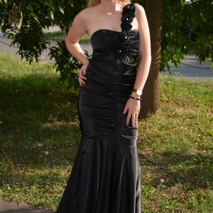 Rochie lunga. eleganta, saten negru, model tip sirena, one-shoulder - Img 3
