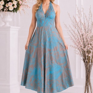 Rochie Lungă Elegantă Turcoaz-Taupe cu Imprimeu Floral Abstract și Decolteu Halter