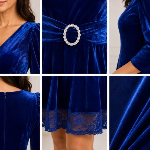 Rochie Mara din catifea cu insertii de dantela,albastru deschis - Img 3