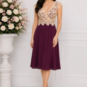 Rochie midi de ocazie, masura mare, mov cu dantela aurie