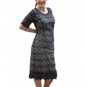Rochie midi din dantela bleumarin asezata pe captuseala crem - Img 1