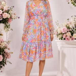 Rochie Midi Multicolor cu Imprimeu Abstract și Mâneci Semitransparente