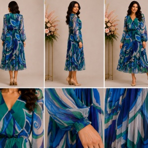 Rochie midi plisată albastră cu imprimeu abstract și mâneci semi-transparente - Img 2