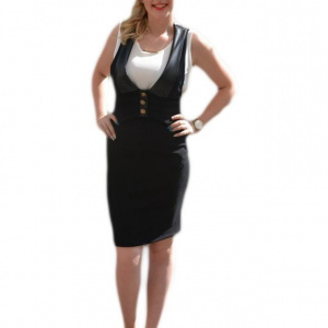 Rochie moderna de culoare negra, cu insertie de piele - Img 1