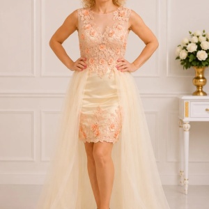 Rochie moderna de ocazie, culoare bej, cu tul aplicat in talie