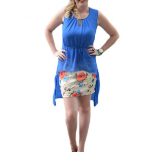 Rochie moderna nuanta albastra cu voal asimetric, design floral - Img 1