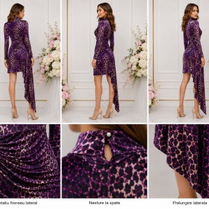 Rochie mov animal print din catifea fină, cu fronseuri și croială asimetrică - Img 2