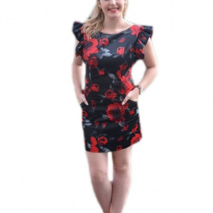 Rochie neagra cu trandafiri rosi si maneca cu falduri - Img 1