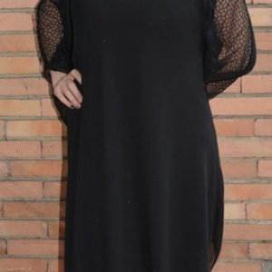 Rochie neagra de ocazie, din material elastic lucios si voal peste - Img 2