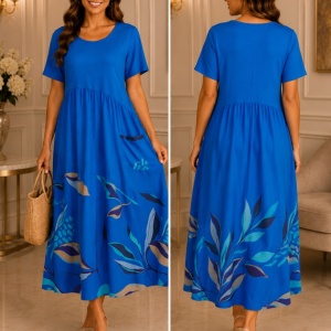 Rochie Raelynn albastru regal, lejeră cu imprimeu colorat și buzunar decorativ - Img 3