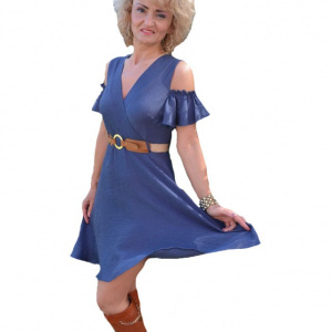 Rochie rafinata de vara, bleumarin, cu maneca crapata la umar - Img 1