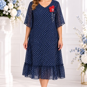 Rochie rafinata din vual fin , nuanta de bleumarin cu buline albe