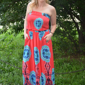Rochie rosie trendy de vara, model lung cu insertii de elastic - Img 4