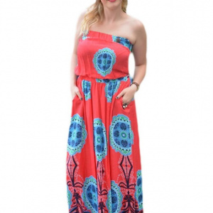 Rochie rosie trendy de vara, model lung cu insertii de elastic