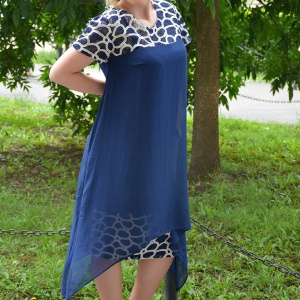 Rochie scurta de seara cu lungime asimetrica, bleumarin cu auriu - Img 3