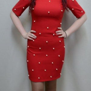 Rochie tinereasca, de culoare rosie, perle albe aplicate - Img 2