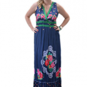 Rochie tinereasca de vara, albastra cu design floral, model lung - Img 1