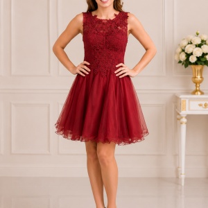 Rochie tinereasca din tul si dantela, marsala, model elegant