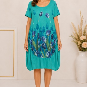 Rochie turcoaz de damă cu imprimeu lalele albastre – 95% bumbac