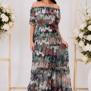 Rochie vaporoasa Veerel cu imprimeu modern ,nuanta de verde