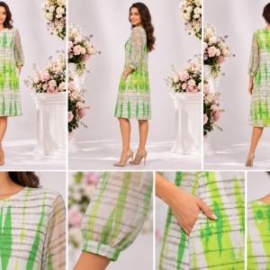 Rochie Verde-Lime cu Imprimeu Abstract și Mâneci din Voal - Img 2