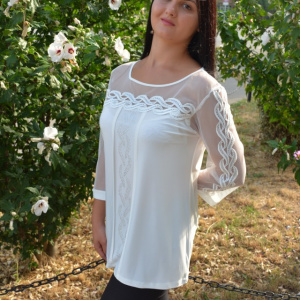 Bluza alba de ocazie, cu maneca aproape lunga, transparenta - Img 3