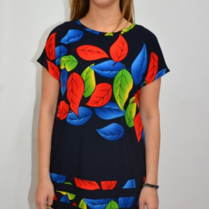 Bluza casual, cu imprimeu de frunze multicolor, pe fundal bleumarin - Img 4