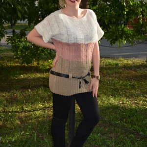 Bluza cu maneca scurta din tricot, design de dungi late, colorate - Img 3