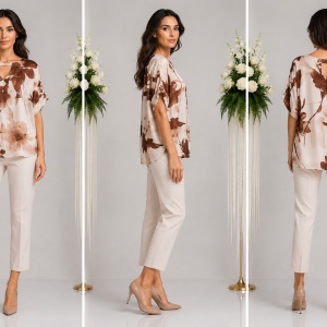 Bluză damă cu imprimeu floral maro-crem-pudra – Croială lejeră, mânecă scurtă, elegantă - Img 3