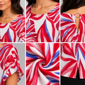 Bluză damă cu imprimeu floral roșu-alb – Croială lejeră, mânecă scurtă, elegantă - Img 2