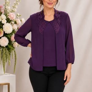 Bluză damă elegantă din voal cu aplicații de mărgele și strasuri, mov