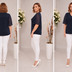 Bluză elegantă bleumarin închis cu guler și mâneci vaporoase - Img 2