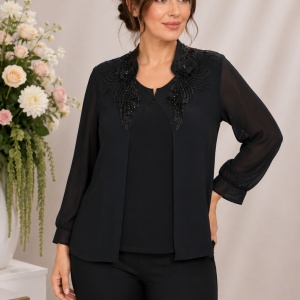 Bluza eleganta dama din voal cu applicati de margele si strasuri,neagra