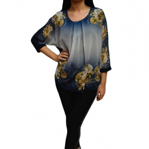 Bluza moderna cu imprimeu de flori si strasuri fine, bleumarin - Img 1