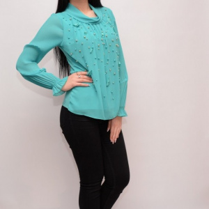 Bluza moderna cu maneca plisata si design de margele, turcoaz - Img 7