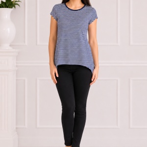Bluza moderna, insertie de voal bleumarin in spate si dungi albe