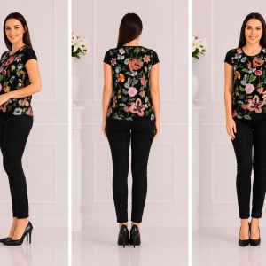 Bluza neagra cu talie scurta si design de flori colorate - Img 2