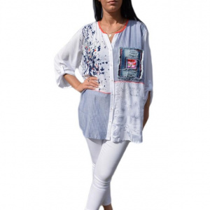 Bluza oversize cu buzunar din blugi si dungi fine, alb-bleumarin - Img 1