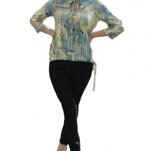 Bluza oversize in nuanta galben-albastru, cu guler mic, ascutit - Img 1
