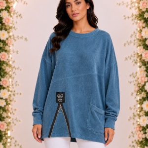 Bluză Oversized Albastră cu Textură Fin Raiată, Fermoar Decorativ și Buzunar