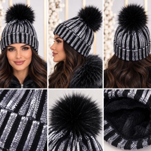 Caciula tinereasca, tricotata, culoare neagra cu design argintiu - Img 2