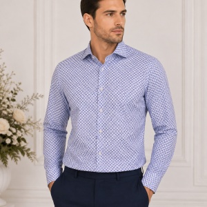 Camasa fashion cu croiala cambrata, alba cu imprimeu albastru