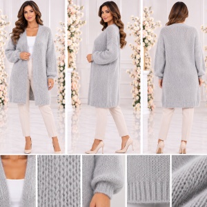 Cardigan Damă Lung Gri deschis din Tricot cu Mohair și Lână – Model Elegant - Img 2